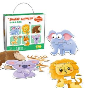 Joc Puzzle educativ pentru copii 6 in 1 Simply Joy, 3/4/5/6/7/8 piese, Animale Salbatice, Leu, Elefant, Cimpanzeu, Vulpe, Cerb, Koala pentru baieti si fete, 2 ani+
