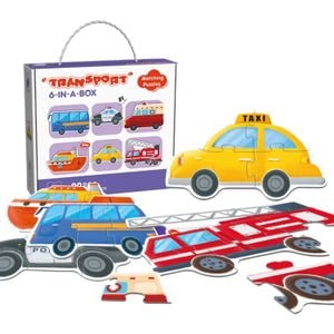 Joc Puzzle pentru copii 6 in 1, Simply Joy, 3/4/5/6/7/8 piese, Mijloace de Transport, Autobuz, Masina de Politie, Vapor, Masina de Pompieri, Ambulanta, Taxi pentru baieti si fete, 2 ani+