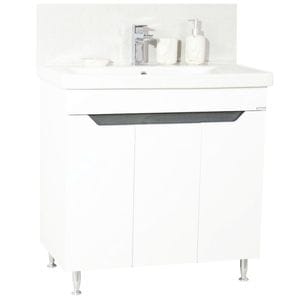 Set mobilier baie GN7561, cu lavoar ceramic, front MDF, 80 cm, 3 usi, 2 rafturi, picioare cromate reglabile, alb/antracit