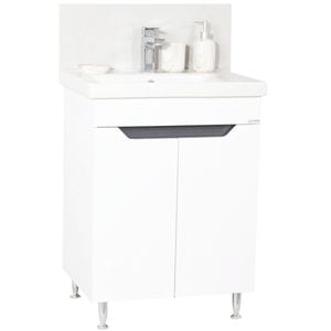 Set mobilier baie GN7561, cu lavoar ceramic, circular, front MDF, 60 cm, 2 usi, raft, picioare cromate reglabile, alb/antracit