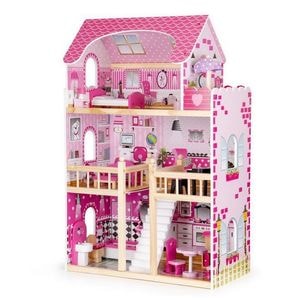 Casuta de papusi Ecotoys HM006391, Din lemn, Cu iluminare LED si mobilier, Roz/Bej