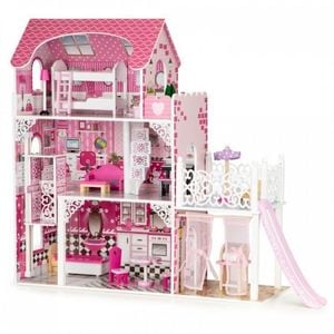 Casuta de papusi Ecotoys TL49059, Din lemn, XXL, Cu lift si tobogan, Multicolor