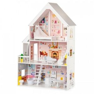 Casuta de papusi Ecotoys 4127, XXL, Din lemn, Cu 5 camere, Cu accesorii, Alb/Cem