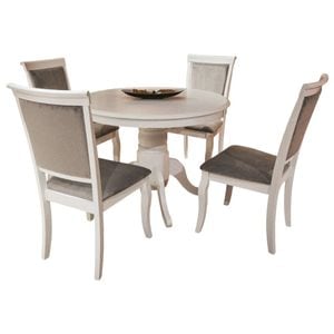 Set masa living extensibila AB Olivia, MDF, lemn masiv si 4 scaune AB Albert, tapiterie stofa, alb/gri
