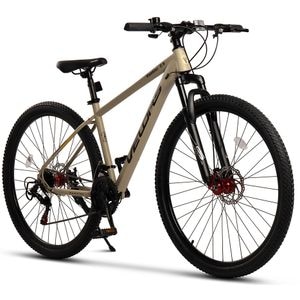 Bicicleta MTB de munte Velors Rambler JSX29311, cadru cu cabluri integrate, echipare Shimano, roata 29 inch, frana, 21 viteze, crem cu negru