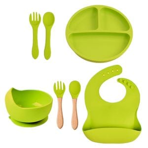 Set hranire pentru bebelusi Giftry, Din silicon, Baveta, bol cu ventuza, farfurie compartimentata, 2 seturi lingura si furculita, Fara alergeni, Light Green