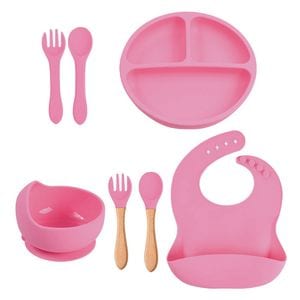 Set hranire pentru bebelusi Giftry, Din silicon, Baveta, bol cu ventuza, farfurie compartimentata, 2 seturi lingura si furculita, Fara alergeni, Light Pink