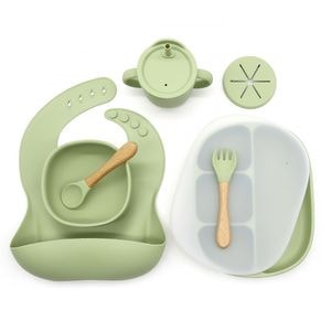 Set hranire pentru bebelusi Giftry, Din silicon, Baveta, bol cu ventuza, farfurie compartimentata, lingura si furculita, cana gustari, Fara alergeni, Olive