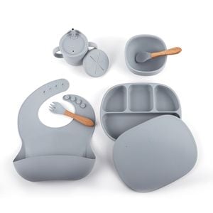 Set hranire pentru bebelusi Giftry, Din silicon, Baveta, bol cu ventuza, farfurie compartimentata, lingura si furculita, cana gustari, Fara alergeni, Dusty blue