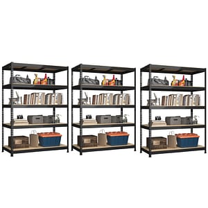 Set 3 rafturi metalice depozitare cu 5 polite ajustabile Handlekraft, 175kg/ polita, modalitati diverse de asamblare, prin clipsare, 180x 90x 30cm, Otel, Negru