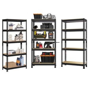 Set 3 etajere metalice de depozitare organizata Handlekraft, 200x 90x 40cm, 175kg/polita, montare prin clipsare, 5 polite reglabile pe inaltime, rezistente la coroziune, Otel, Negru