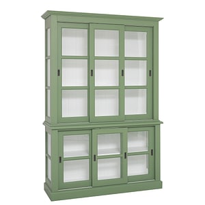 Vitrina bucatarie cu 3 usi sticla glisante BAS + 3 usi sticla glisante SUP, 100% lemn masiv, 220x47x151 cm, culoare exterior verde P038, culoare interior alb P004