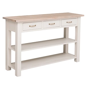 Consola cu 2 rafturi, 3 sertare, blat stejar, dublu color, 100% lemn masiv, 145x89x45 cm, culoare blat maro deschis P035, culoare corp crem P015