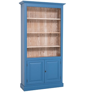 Biblioteca cu 2 usi, dublu color, 100% lemn masiv, 110x210x39 cm, culoare exterior albastru P045, culoare interior maro deschis P071