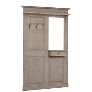 Cuier cu oglinda, 1 sertar, periat usor, 100% lemn masiv, 132x210x19 cm, culoare gri P037