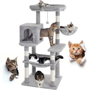 Ansamblu de joaca pentru pisici Fish & Paws, cu bila suspendata, stalpi pentru zgariat, foarte stabil si structura atractiva, 2 hamace si o casuta, inaltime de 143cm, Gri