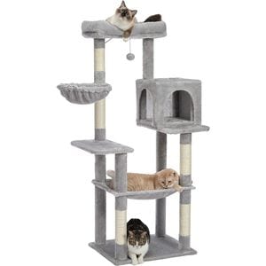 Ansamblu de joaca pentru pisici Fish & Paws, cu bila suspendata, stalpi pentru zgariat, foarte stabil si structura atractiva, 2 hamace si o casuta, inaltime de 143cm, Gri