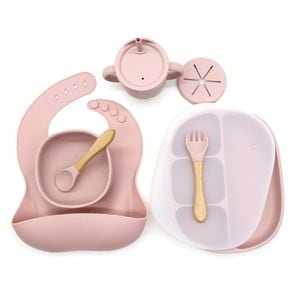 Set hranire pentru bebelusi Giftry, Din silicon, Baveta, bol cu ventuza, farfurie compartimentata, lingura si furculita, cana gustari, Fara alergeni, Pink