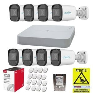 Kit supraveghere IP complet 8 camere Uniarch 4MP IR 30m Lentila 2.8mm PoE Microfon IP67, NVR UNV 8 Canale PoE  4K 8MP, accesorii, HDD + CADOU Autocolant Rovision
