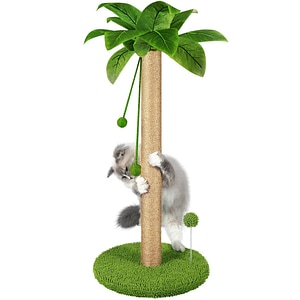 Ansamblu de joaca pentru pisici Fish & Paws, cu doua bile suspendate si o bila pe arc interactiva, confectionate din fibra rezistenta din sisal pentru zgariat, inaltime de 84cm
