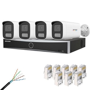 Kit supraveghere Hikvision, 4 camere, IP, 4MP, Lentila 4mm, IR 50m, Lumina Alba 50m, Microfon, NVR 4 Canale, PoE, 12MP, Cablu CAT6 FTP,  Mufe