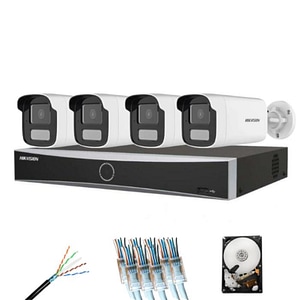 Sistem supraveghere complet 4 camere Hikvision, 8MP, Smart Dual Light 50m, microfon, NVR 8 canale, HDD, accesorii 