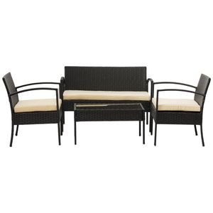 Set mobilier terasa, 4 piese, 2 scaune, canapea, masa, perne pentru sezut, negru si crem