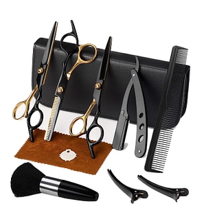 Foarfece profesionale de tuns si filat, pentru frizerie Regal Bliss, cu brici, pieptene, perie si agrafe incluse, otel inoxidabil japonez, 14 cm, Set de 11 piese, Negru si Auriu