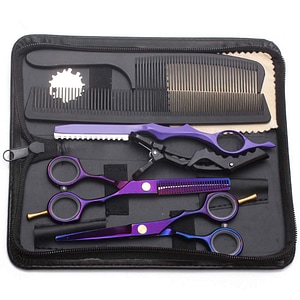 Foarfece profesionale de tuns si filat Regal Bliss, salon sau coafor, husa din piele, cu lama, pieptene si clema incluse, otel inoxidabil, 14 cm, Set de 8 piese, Mov