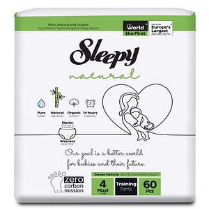 Scutece-Chilotel pentru bebelusi Sleepy Natural Double, marime 4 Maxi, 7-14 kg, 60 bucati