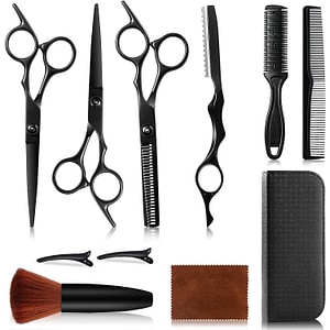 Foarfece profesionale de tuns si filat Regal Bliss, pentru frizerie, salon sau coafor, husa din piele, perie si agrafe incluse, otel inoxidabil,14 cm, Set de 11 piese, Negru