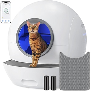Litiera automata smart pentru pisica Fish & Paws, toaleta inteligenta cu functii de auto-curatare, eliminarea mirosurilor neplacute prin aplicatie mobila cu covoras, Alb cu Gri