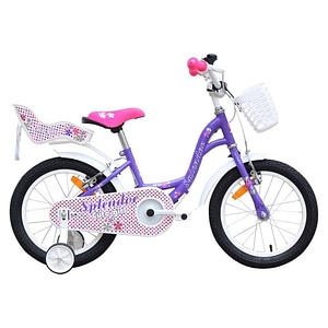 Bicicleta pentru copii NOVOKIDS Splend'Or Boom PRO Edition, Cu cosulet pentru papusi, Roti 16" inch, Cadru din otel, Roti ajutatoare detasabile, Ghidon reglabil pe inaltime, Mov