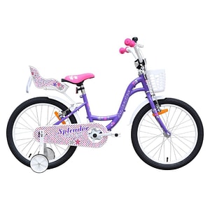 Bicicleta pentru copii NOVOKIDS Splend'Or Boom PRO Edition, Cu cosulet pentru papusi, Roti 20" inch, Cadru din otel, Roti ajutatoare detasabile, Ghidon reglabil pe inaltime, Mov