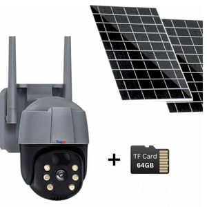 Camera de Supraveghere Taggo Solara de exterior 4G Cartela SIM 5 MP, Zoom 10X, Full HD 1080p, Panou Solar Dublu 20W, Rezistenta La Apa IP 66, Gri, Card 64GB