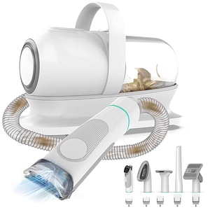 Masina de tuns animale, caini, pisici Fish & Paws, Aspirator Set 5 in 1 pentru ingrijirea animalelor, kit cu 5 capete si 5 accesorii ,3 Trepte de viteza, Alb, Volum 1L