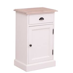 Noptiera cu 1 usa si 1 sertar, blat stejar, culoare corp alb murdar P039, culoare blat maro deschis P035, dublu color, 100% lemn masiv, 74x47x32 cm