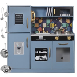 Set Bucatarie pentru Copii din Lemn, FrenchCuisine BLUE KIDO, Iluminare LED, Sunete, Elemente Detasabile,Set Ustensile, Cuptor,Telefon,Plita, Microunde, Chiuveta, 80.5 CM Inaltime