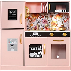 Set Bucatarie pentru Copii din Lemn, FrenchCuisine PINK KIDO, Iluminare LED, Sunete, Elemente Detasabile,Set Ustensile, Cuptor,Telefon, Plita, Microunde, Chiuveta, 80.5 CM Inaltime