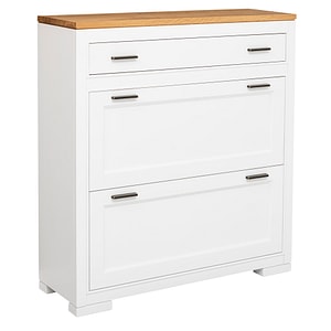 Pantofar cu 2 usi, 1 sertar "Pure", blat stejar, sertar pe sina metalica, culoare corp alb P004, culoare blat maro deschis P089, dublu color, 100% lemn masiv, 110x100x35 cm