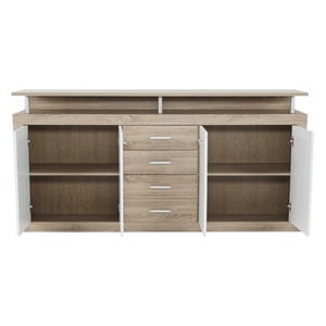 Comoda living/dormitor, PAL melaminat, 4 sertare, 4 usi, rafturi, 195x37x96.5 cm, stejar sonoma/alb