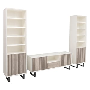 Dulap cu 1 usa x 2 si comoda TV cu 2 usi si 1 sertar Slatted, culoare corp alb murdar P039, culoare usi gri P037, dublu color, 274x200x40 cm