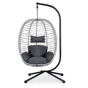 Scaun de gradina suspendat DacEnergy, cadru din otel, cos tesut manual cu tehnorattan modern, extrem de confortabil, perne moi, 201 cm, negru si gri