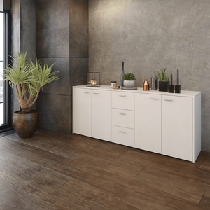 Comoda combinata, alba, din PAL melaminat, cu 4 usi si 3 sertare, living, dormitor, design elegant, 180x42x74.5 cm