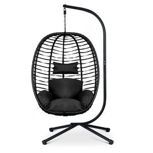 Scaun de gradina suspendat DacEnergy, cadru din otel, cos tesut manual cu tehnorattan modern, extrem de confortabil, perne moi, 201 cm, negru