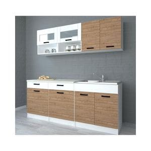 Set bucatarie Ina, 200 cm, nuc si alb semi-lucios, blat crem