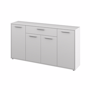 Comoda, HDF laminat, cu 4 usi si 1 sertar, rafturi, design elegant, living, dormitor, 163x33x86 cm, alb