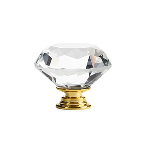 Buton Maner Mobilier Onuvio, forma diamant, Diamond Cut Luxury, Cristal K9, diametru 40mm, baza aliaj Zinc Aluminiu, Auriu / Transparent