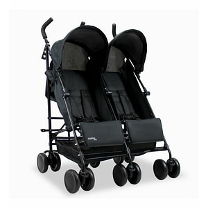 Carucior gemeni Asalvo, River, Pliabil, Pana la 15 kg fiecare, Cu cadru din otel, Spatar si suport picioare reglabile, Roti pivotante, Cu 2 cosuri depozitare, 0 luni+, Black