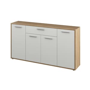 Comoda din HDF laminat, cu 4 usi si 1 sertar, raft intern, living, dormitor, design modern, 163x33x86 cm, alb, stejar sonoma